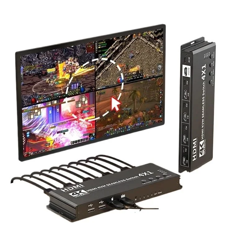 سوئیچ چند نمایشگر تصویر HDMI KVM چهارتایی 4K، سوئیچ بدون درز 4 به 1، کنترلر همزمان ماوس و کیبورد 4 پورت، سوئیچینگ کلید میانبر (پریز UK)