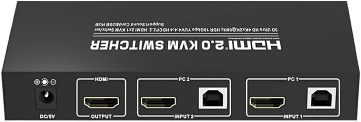 سوئیچ KVM دو به یک HDMI 2.0 سازگار، رزولوشن 4K@60Hz HDR، دارای کلید میانبر و کنترل از راه دور، انتخابگر ماوس و کیبورد برای کامپیوتر (نسخه USB 2.0)