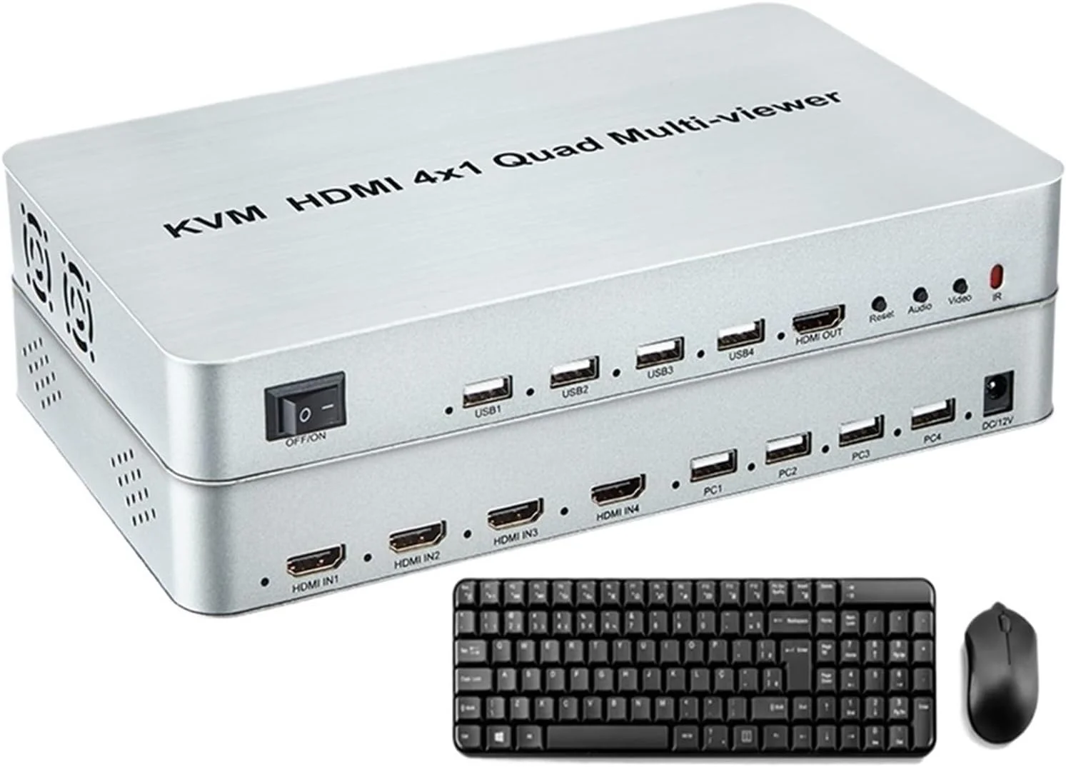 سوییچ KVM HDMI 4x1 چهارگانه با قابلیت نمایش چند تصویر همزمان، سوییچ تقسیم صفحه نمایش، کنترل موس و کیبورد USB، اتصال لپ تاپ و کامپیوتر به تلویزیون (KVM 4x1 با کیفیت 4K60، دوشاخه آمریکایی)
