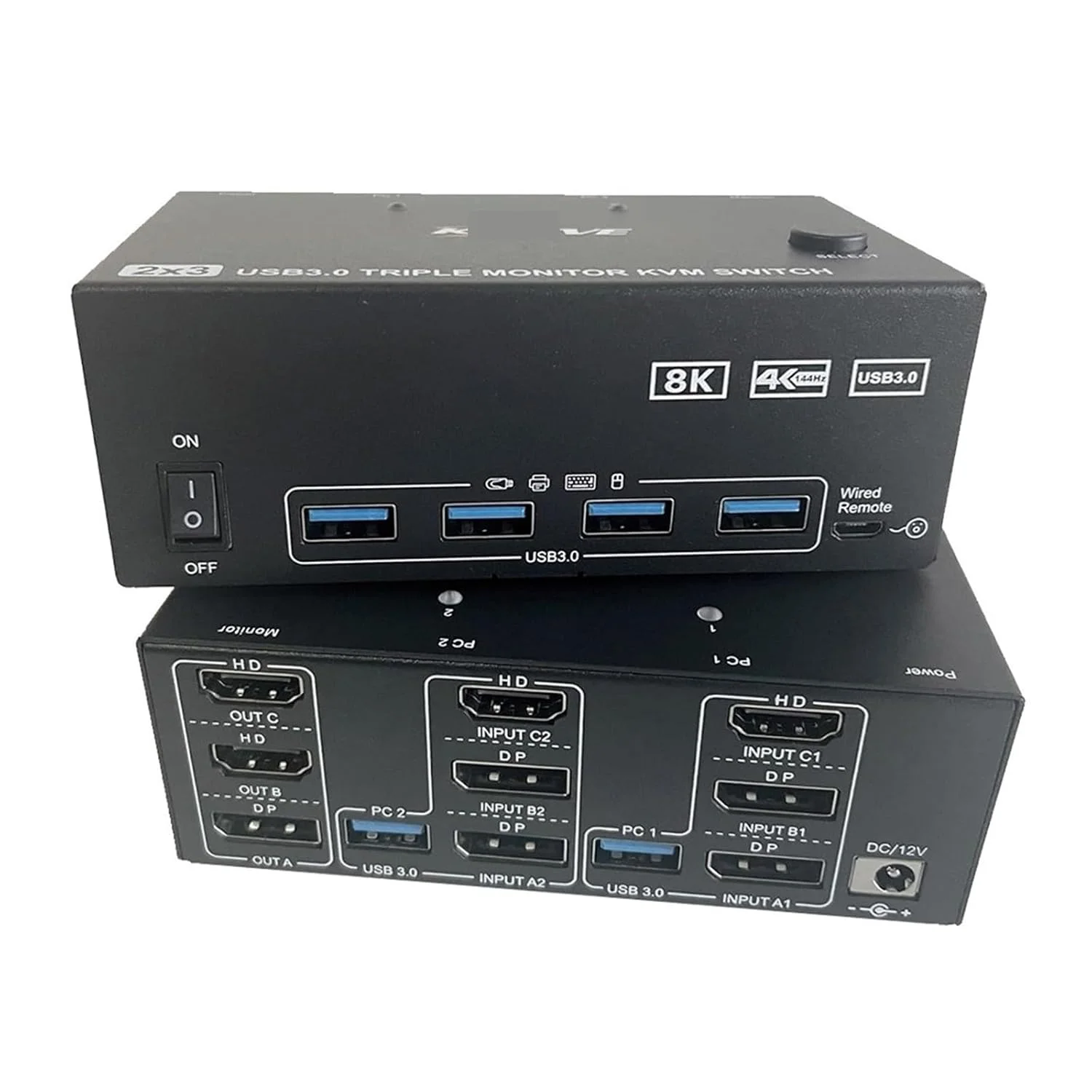 سوئیچ KVM سه مانیتوره 8K با سه پورت HDMI و DP، انتخابگر، هاب USB 3.0، داک استیشن، هاب لوازم جانبی کامپیوتر (ورودی 2xHDTV 1xDP)