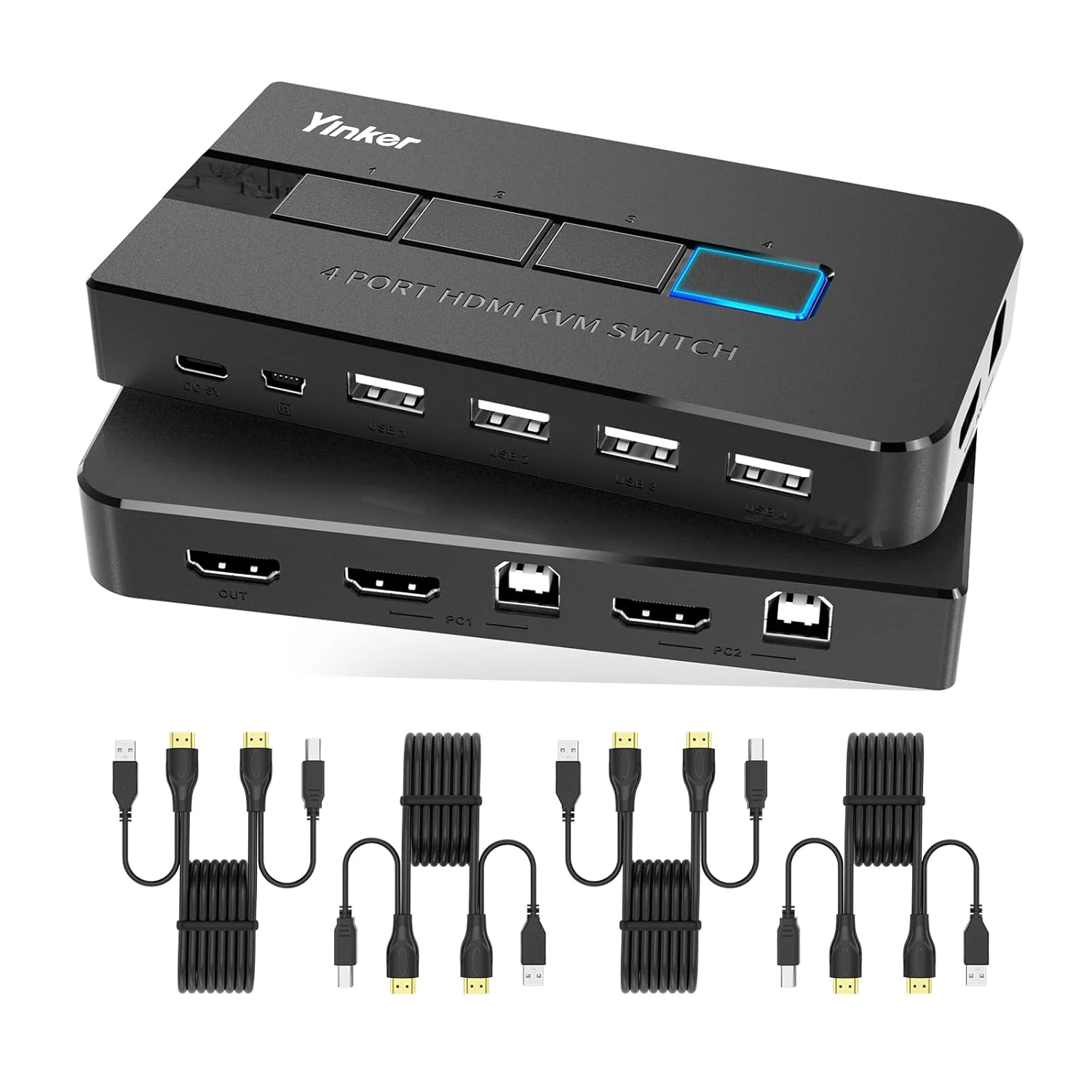 سوئیچ KVM چهار پورت HDMI 4K 60Hz، سوئیچ KVM USB HDMI برای 4 کامپیوتر 1 مانیتور، کیبورد، ماوس + کابل های KVM + 4 پورت USB 2.0