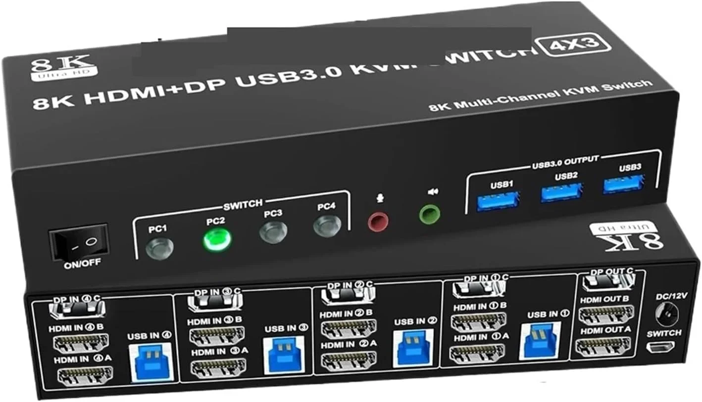 سوئیچ KVM دیسپلی پورت HDMI 8K USB 3.0 با سه مانیتور 4K 120Hz، سوئیچر دیسپلی پورت توسعه یافته 4 ورودی 3 خروجی برای ماوس و کیبورد (پلاگین برق US)