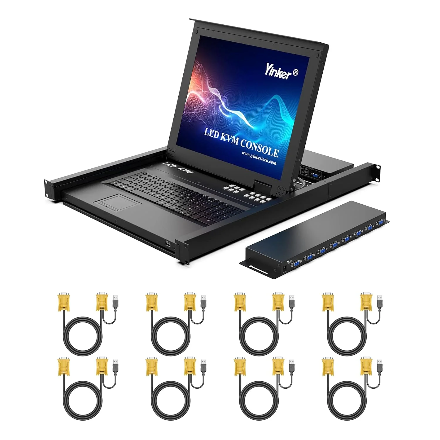 سوئیچ KVM ال سی دی VGA، مانیتور ال سی دی ۱۷ اینچی، کنسول KVM رک مونت ۸ پورت برای رک ۱۹ اینچی 1U، پشتیبانی از کلیدهای میانبر + منوی OSD، یکپارچه با صفحه کلید آمریکایی + تاچ پد + کابل های KVM