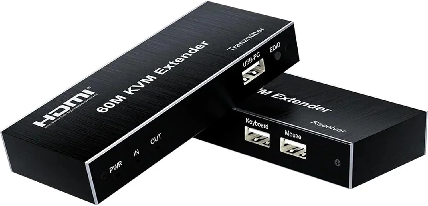 اکستندر KVM HDMI 60 متری 1080p از طریق کابل اترنت Cat5e/6، مبدل ویدئو 1080P برای سوئیچ PC به مانیتور تلویزیون، کیبورد و ماوس USB (با دوشاخه آمریکایی)