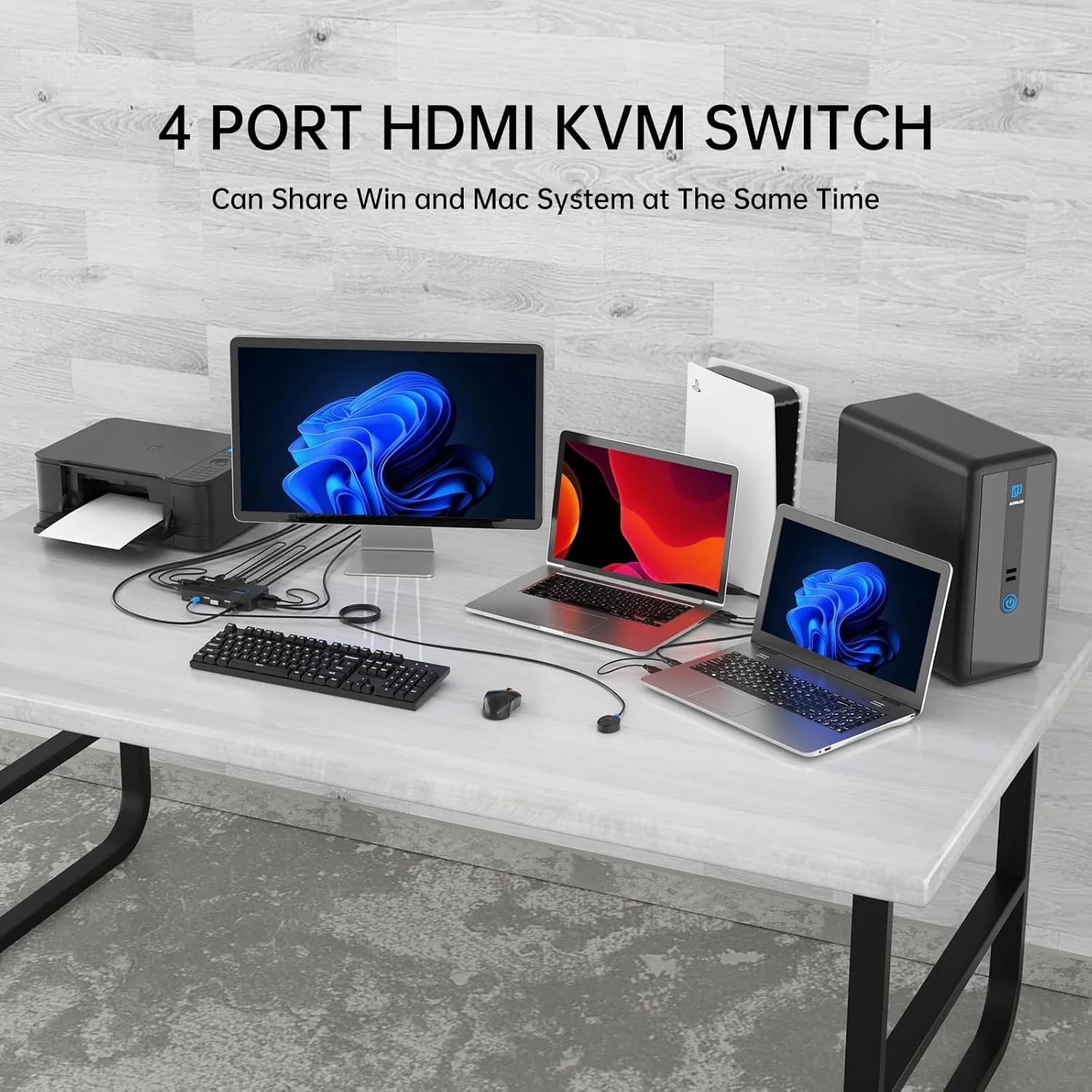 سوئیچ KVM چهار پورت HDMI 4K 60Hz، سوئیچ KVM USB HDMI برای 4 کامپیوتر 1 مانیتور، کیبورد، ماوس + کابل های KVM + 4 پورت USB 2.0