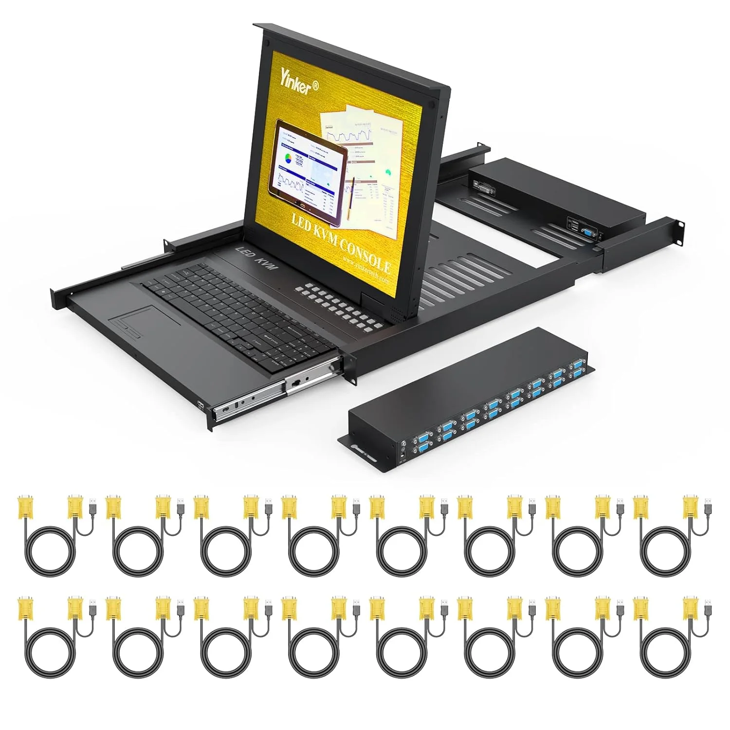 سوئیچ KVM شانزده پورت VGA با کنسول LCD هفده اینچی KVM یکپارچه، دارای صفحه کلید، مانیتور و تاچ پد کشویی، KVM قابل نصب در رک 1U برای کابینت 19 اینچی، پشتیبانی از منوی OSD / کلیدهای میانبر / سوئیچ دکمه ای (16 کابل KVM)