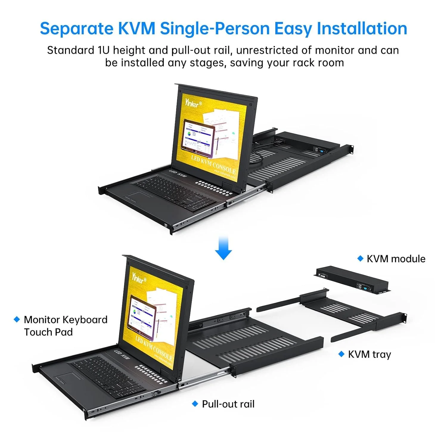 سوئیچ KVM شانزده پورت VGA با کنسول LCD هفده اینچی KVM یکپارچه، دارای صفحه کلید، مانیتور و تاچ پد کشویی، KVM قابل نصب در رک 1U برای کابینت 19 اینچی، پشتیبانی از منوی OSD / کلیدهای میانبر / سوئیچ دکمه ای (16 کابل KVM)