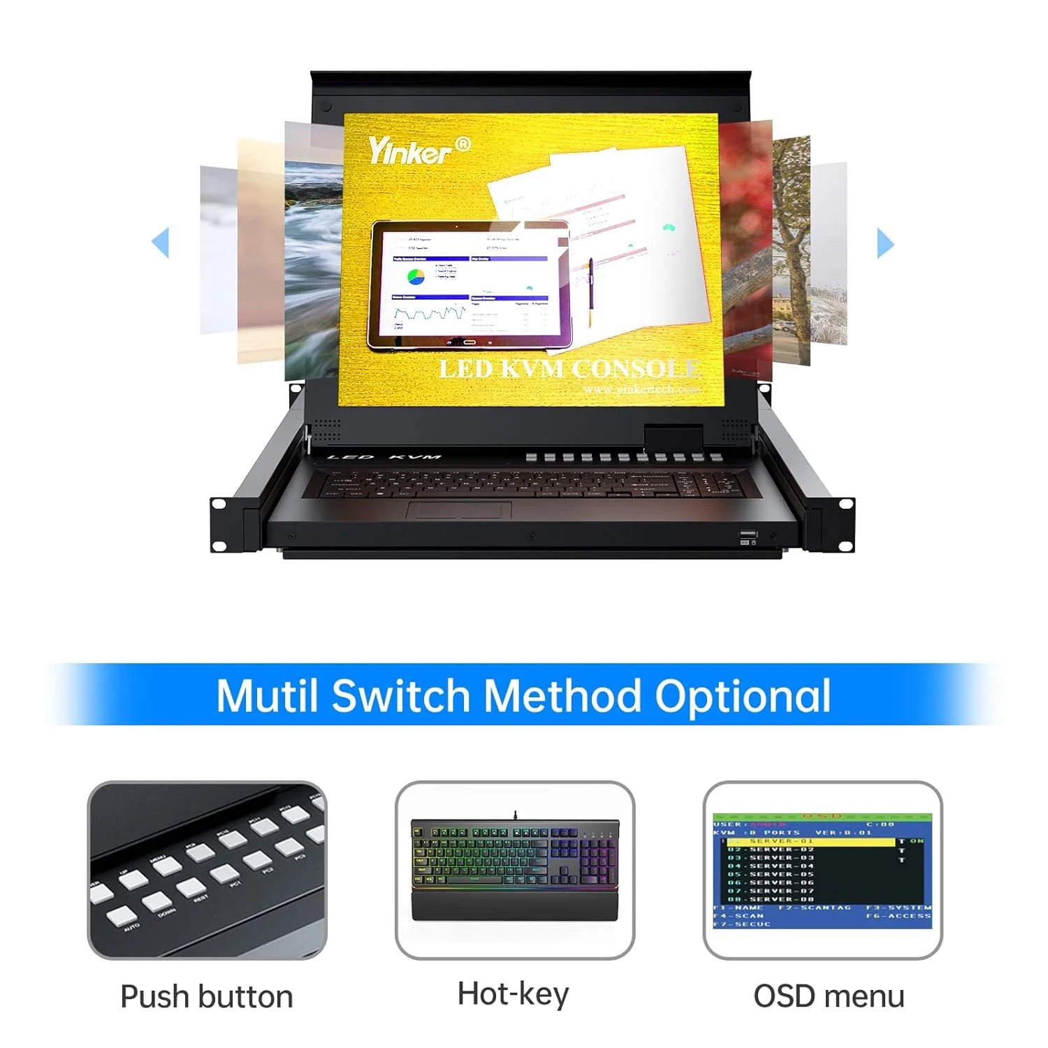 سوئیچ KVM شانزده پورت VGA با کنسول LCD هفده اینچی KVM یکپارچه، دارای صفحه کلید، مانیتور و تاچ پد کشویی، KVM قابل نصب در رک 1U برای کابینت 19 اینچی، پشتیبانی از منوی OSD / کلیدهای میانبر / سوئیچ دکمه ای (16 کابل KVM)