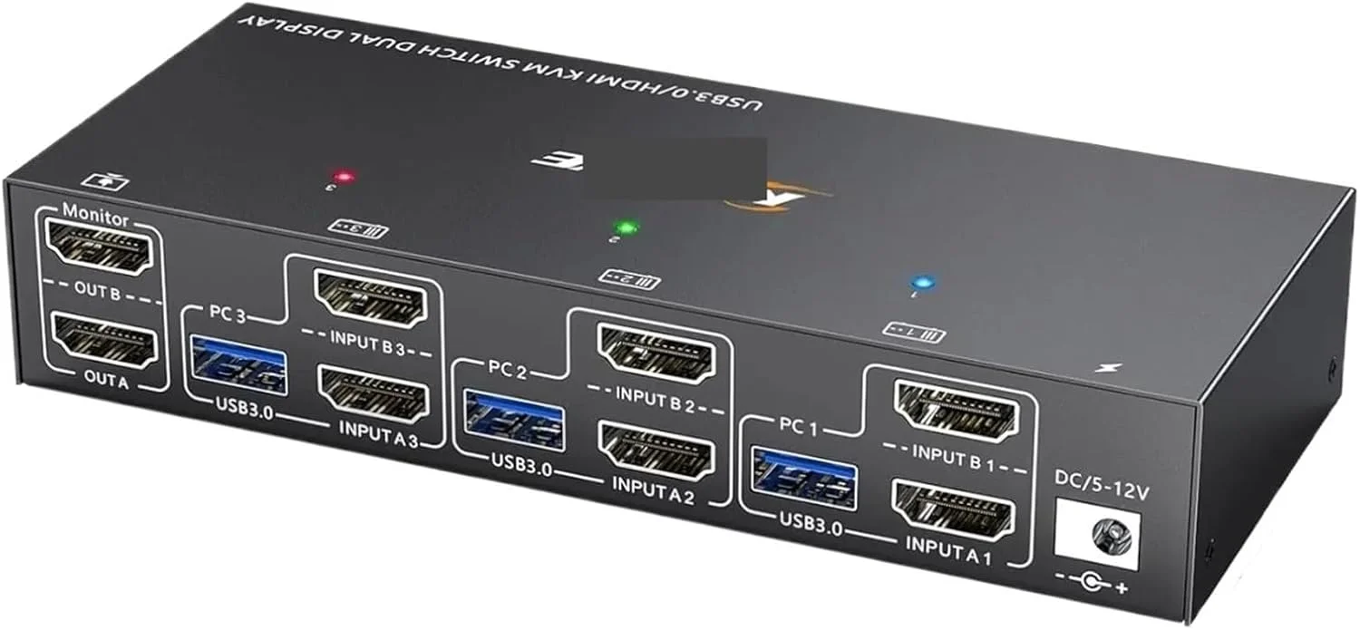 سوئیچ KVM دو مانیتوره USB 3.0 HDMI، سوئیچ KVM برای 2 مانیتور و 3 کامپیوتر، شبیه ساز EDID، 4K@60Hz 2K@144Hz با 4 پورت USB 3.0 (دوشاخه آمریکایی مدل 302AS)