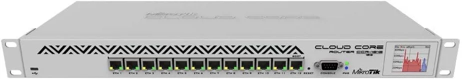 روتر هسته ابری میکروتیک CCR1016-12G با 12 پورت گیگابیتی، پردازنده 16 هسته ای، 2 گیگابایت رم و صفحه نمایش لمسی LCD