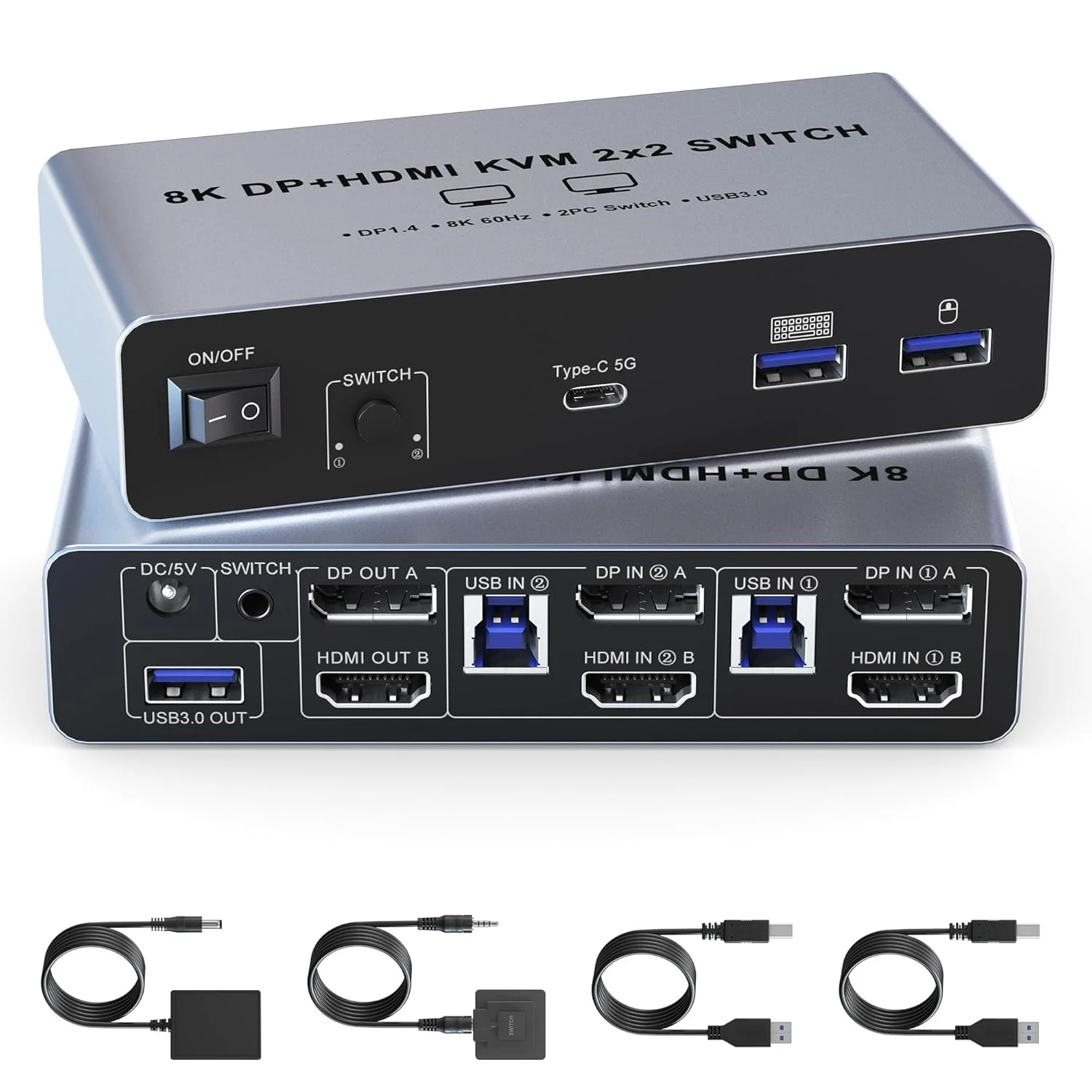 سوئیچ KVM دو مانیتوره USB 3.0 DisplayPort HDMI برای 2 کامپیوتر - سوئیچ KVM 8K@60Hz دو مانیتوره 2 کامپیوتر با Type C + 3 پورت USB 3.0 و میکروفون صدا، سوئیچ مانیتور 2 پورت HDMI+DP برای 2 کامپیوتر 2 مانیتور