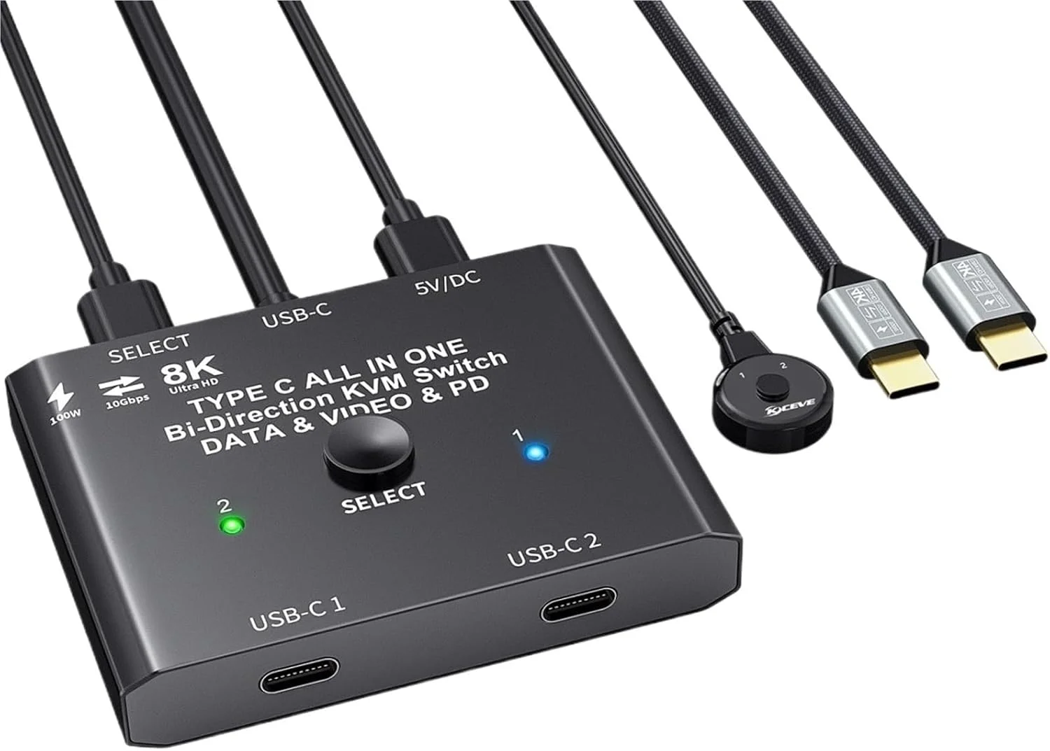 سوئیچ USB C دو طرفه، سوئیچر KVM USB Type C، انتقال داده 8K/10Gbps، شارژ 100W، سازگار