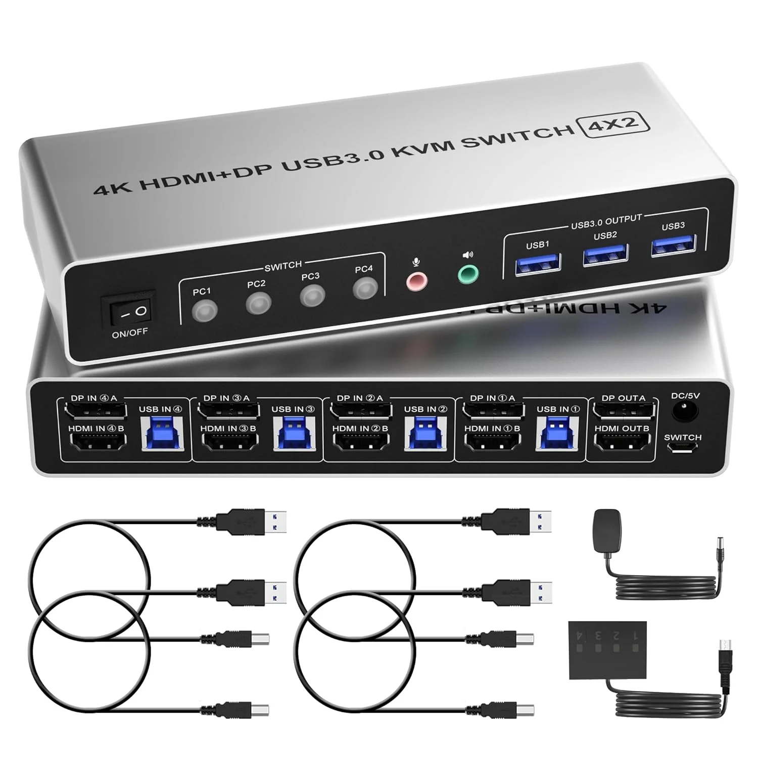 سوئیچ KVM دوتایی مانیتور USB3.0 Displayport HDMI برای 4 کامپیوتر - سوئیچ KVM مانیتور دوتایی 4K@60Hz برای 4 کامپیوتر، اشتراک 2 مانیتور + 3 پورت USB 3.0 + صدا + میکروفون، سوئیچ KVM با 4 پورت HDMI + DP برای 4 کامپیوتر