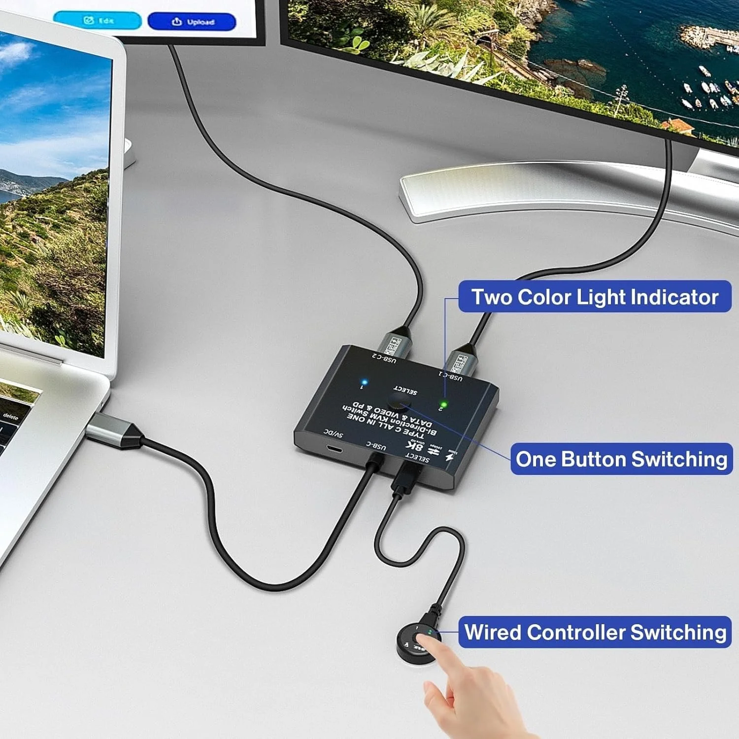 سوئیچ USB C دو طرفه، سوئیچر KVM USB Type C، انتقال داده 8K/10Gbps، شارژ 100W، سازگار
