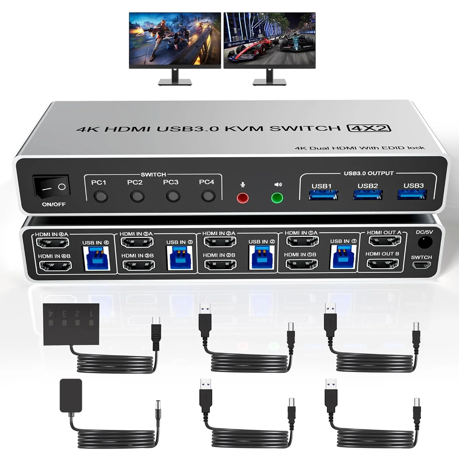 سوئیچ KVM یو اس بی 3.0 - 4 کامپیوتر، 2 مانیتور HDMI، 4K@60Hz، پشتیبانی از EDID، صدا و 3 پورت یو اس بی 3.0