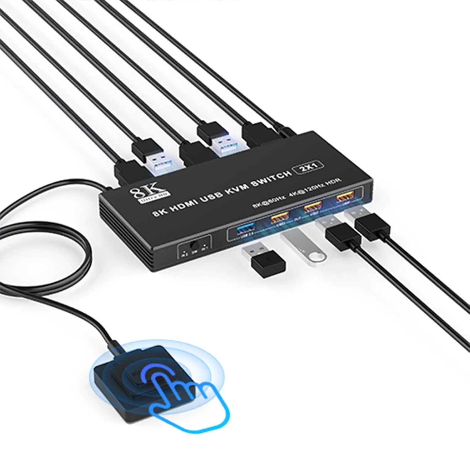 سوئیچ KVM یو اس بی 3.0 HDMI با پشتیبانی از یک مانیتور و دو کامپیوتر، پشتیبانی از رزولوشن 8K@60Hz و 4K@120Hz، سوئیچ KVM برای به اشتراک گذاری مانیتور، کیبورد، ماوس، هارد درایو و پرینتر بین 2 کامپیوتر، با EDID تطبیقی، به همراه 2 کابل USB و کنترلر