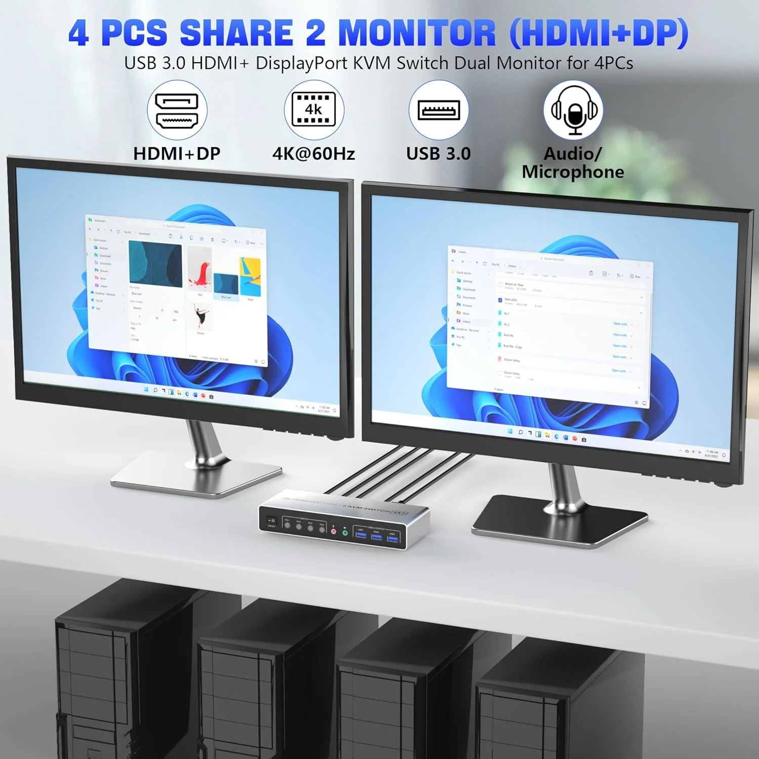 سوئیچ KVM دوتایی مانیتور USB3.0 Displayport HDMI برای 4 کامپیوتر - سوئیچ KVM مانیتور دوتایی 4K@60Hz برای 4 کامپیوتر، اشتراک 2 مانیتور + 3 پورت USB 3.0 + صدا + میکروفون، سوئیچ KVM با 4 پورت HDMI + DP برای 4 کامپیوتر