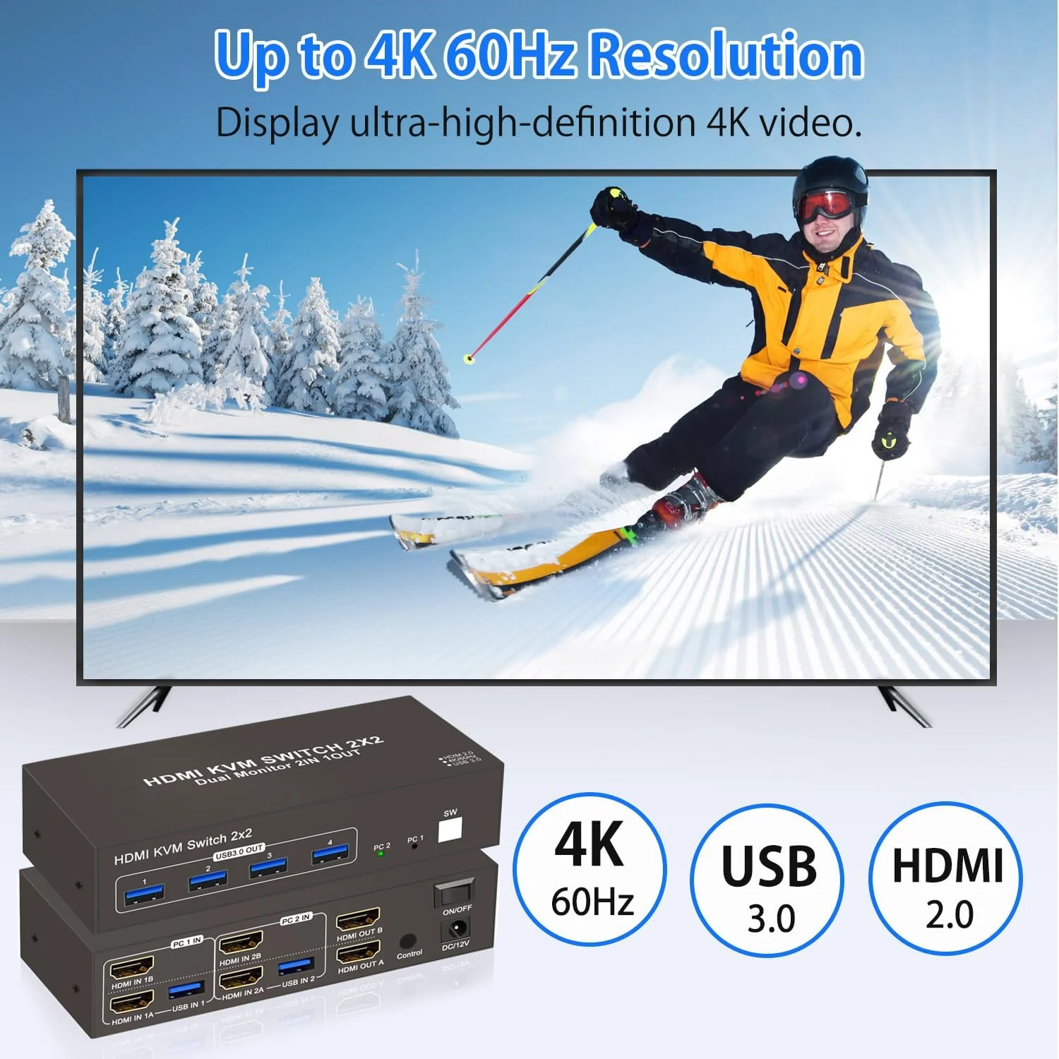 سوئیچ KVM دو مانیتوره HDMI، 2 مانیتور، 2 کامپیوتر، 4K 60Hz HD USB3.0، سوئیچر برای 2 کامپیوتر یا 2 لپ تاپ، اشتراک 2 مانیتور و 4 پورت USB، کیبورد، ماوس، پرینتر، اسکنر، پشتیبانی از چند مانیتور