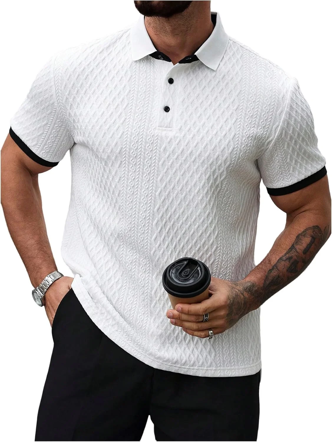 SOLY HUX پولوشرت بافتنی مردانه آستین کوتاه بافت دار پیراهن گلف تی شرت یقه دار غیر رسمی