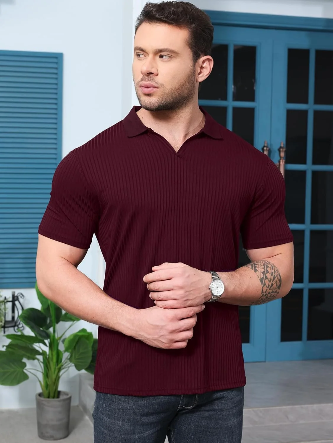 پولوشرت مردانه یقه هفت YKR، آستین کوتاه، مناسب گلف، بافتنی نرم و کشسان