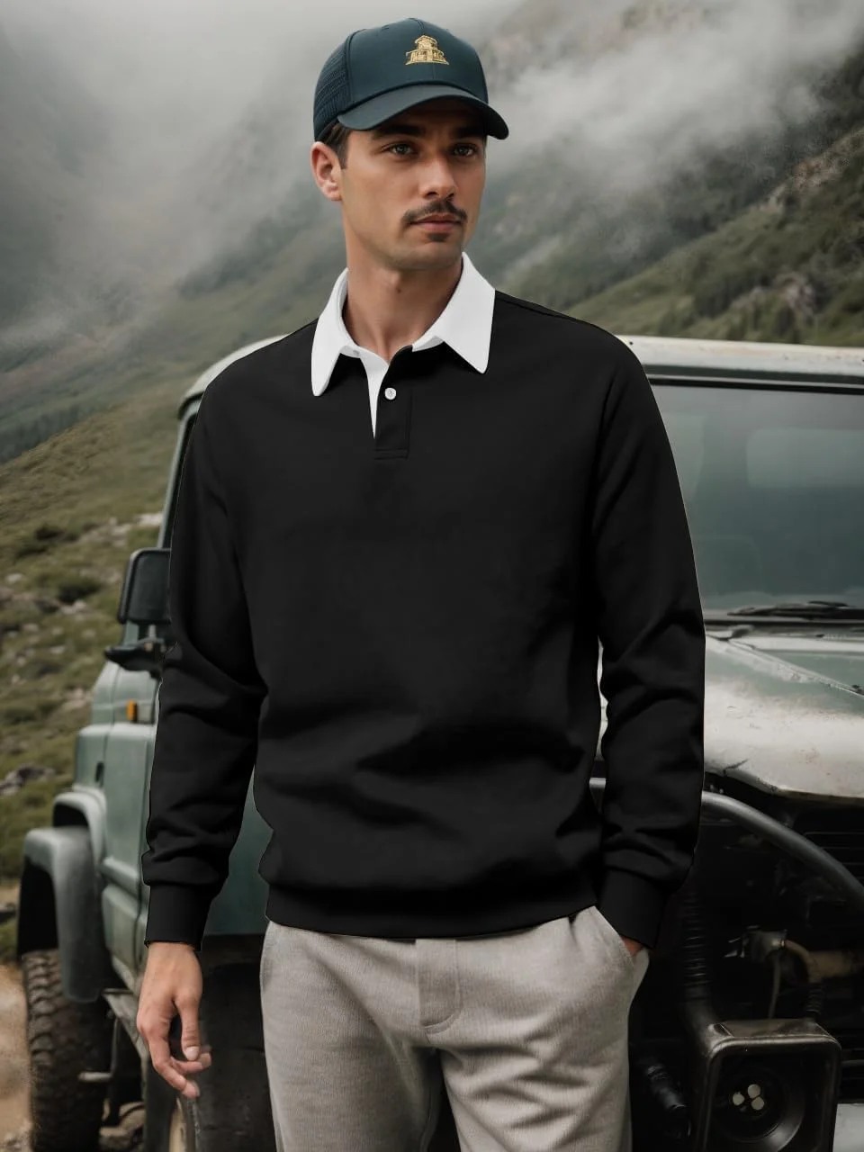 پولوشرت آستین بلند مردانه ZAFUL، پلیور و سویشرت، یقه متضاد، دکمه دار، مناسب گلف