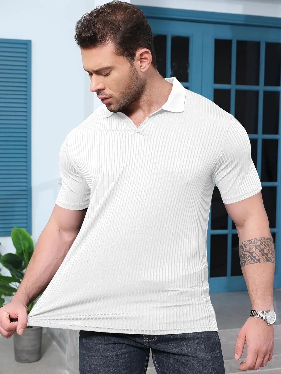 پولوشرت مردانه یقه هفت YKR، آستین کوتاه، مناسب گلف، بافتنی نرم و کشسان