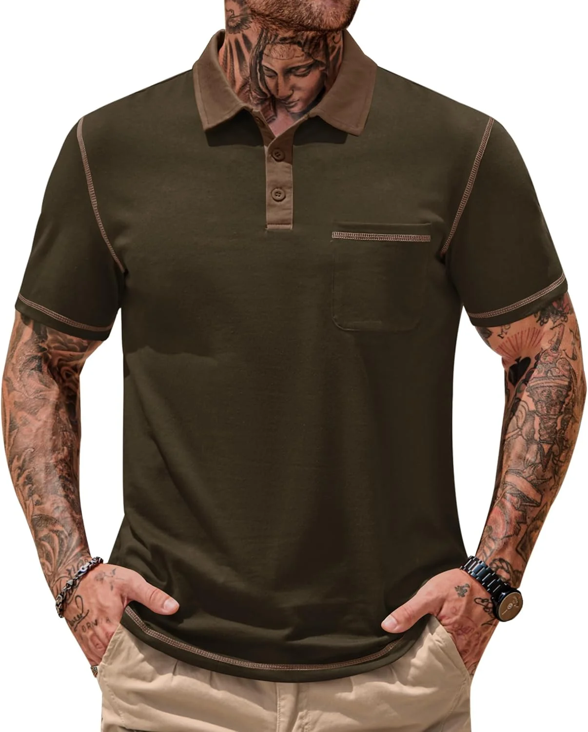 پولوشرت مردانه آستین کوتاه با یقه رنگی و جیب