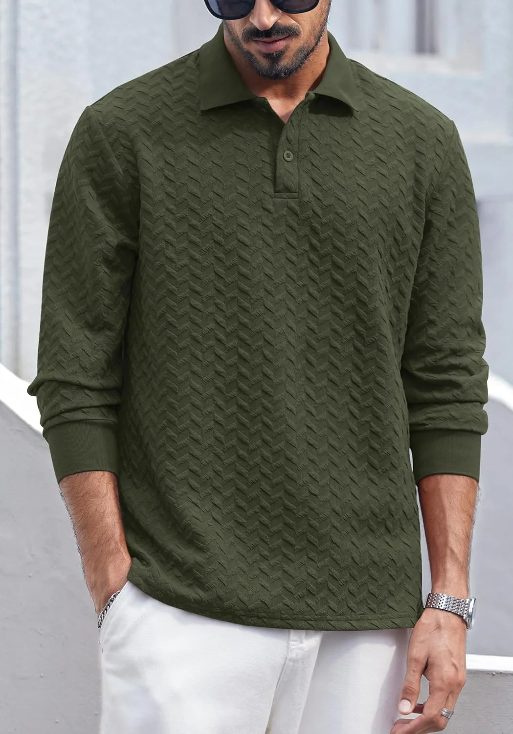 پولوشرت آستین بلند مردانه با بافت طرح‌دار، کشی، دکمه‌دار، مناسب استفاده روزمره و گلف (S-XXL)