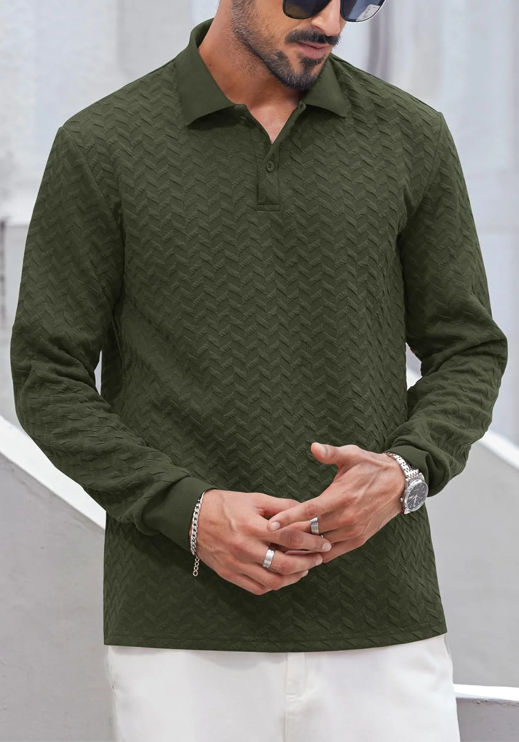 پولوشرت آستین بلند مردانه با بافت طرح‌دار، کشی، دکمه‌دار، مناسب استفاده روزمره و گلف (S-XXL)