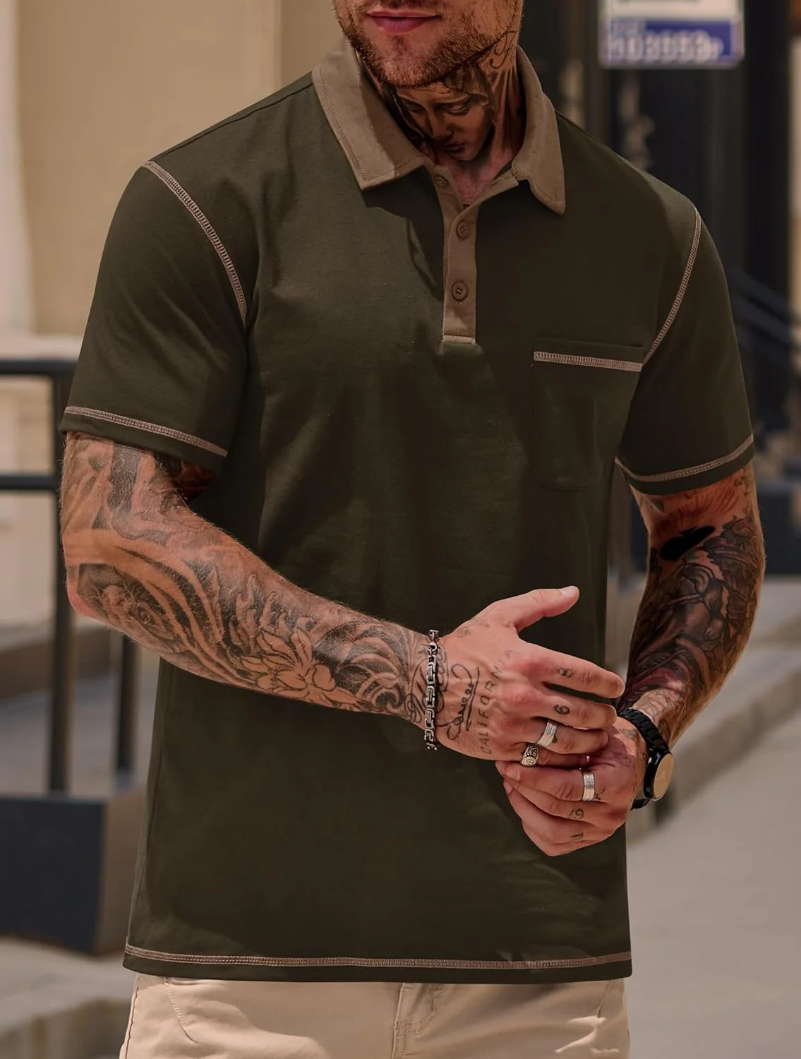 پولوشرت مردانه آستین کوتاه با یقه رنگی و جیب