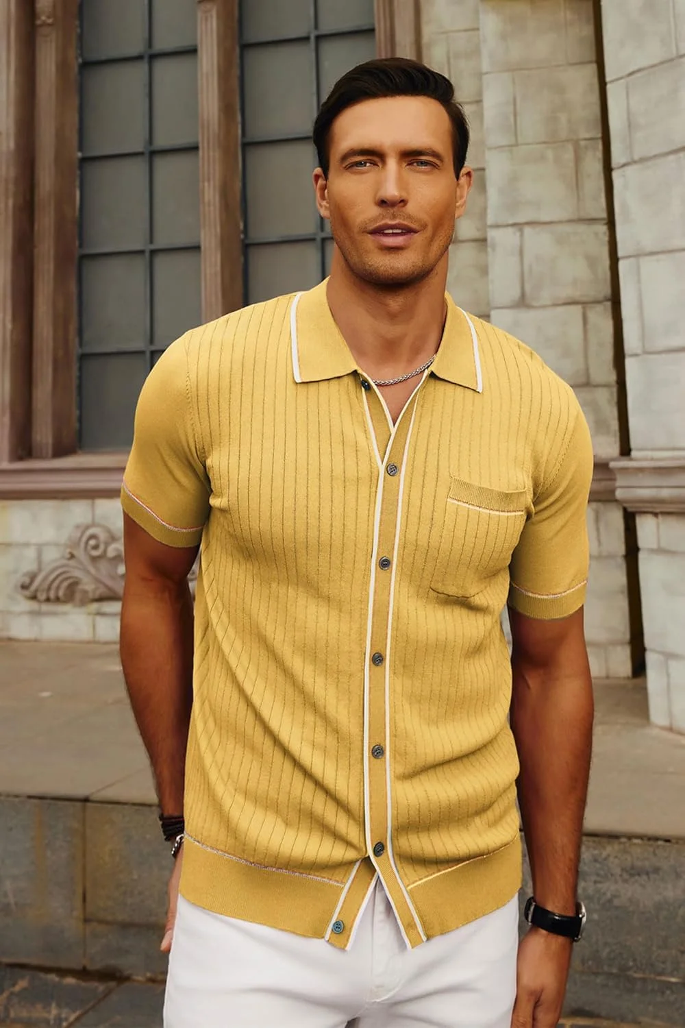 پیراهن بافتنی مردانه PJ PAUL JONES، آستین کوتاه، دکمه دار، مناسب تعطیلات