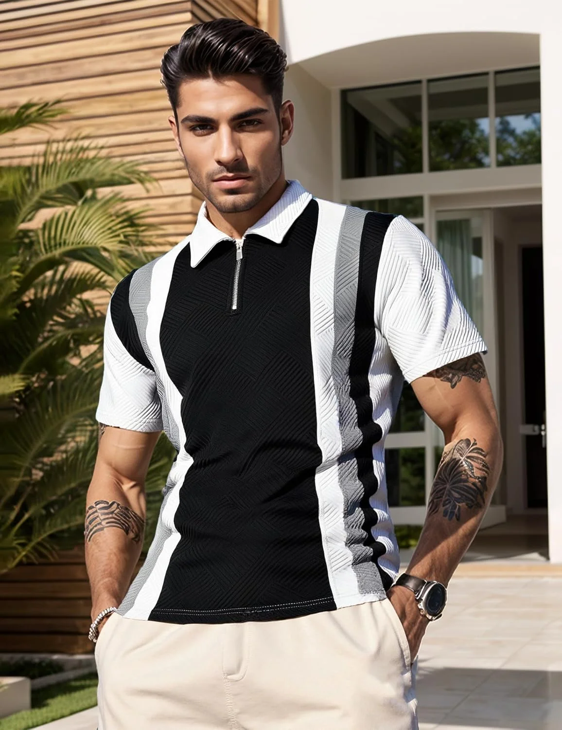 پولوشرت زیپ‌دار مردانه آستین کوتاه، تاپ‌های رنگ ثابت با بافت راه‌راه، تی‌شرت گلف غیررسمی