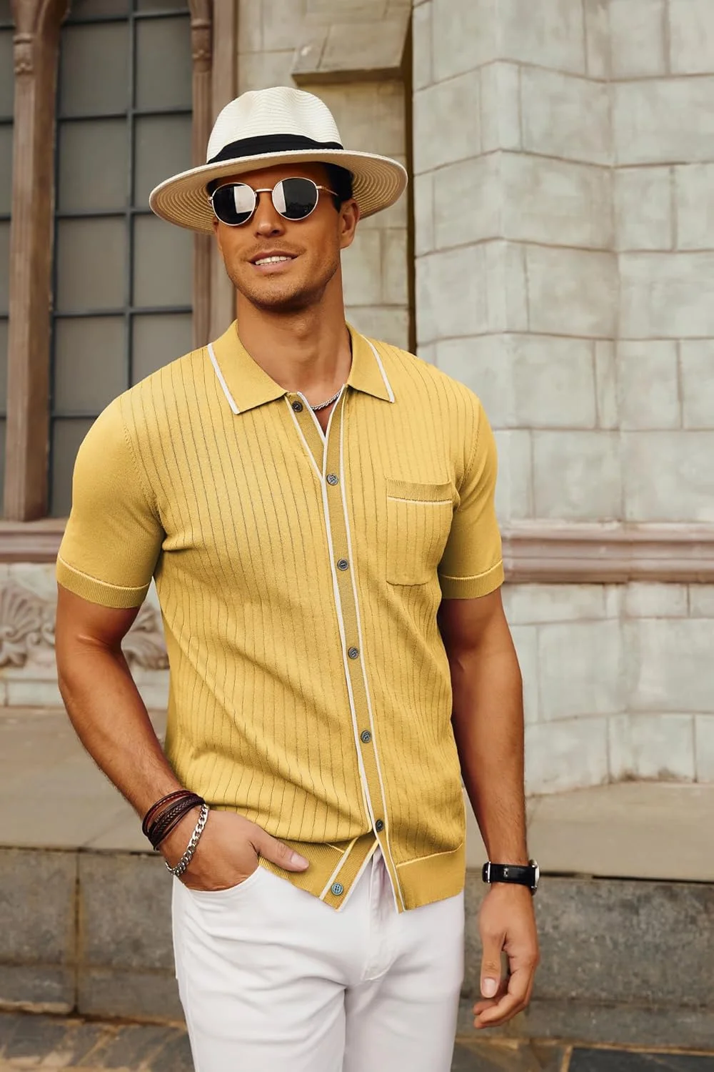 پیراهن بافتنی مردانه PJ PAUL JONES، آستین کوتاه، دکمه دار، مناسب تعطیلات