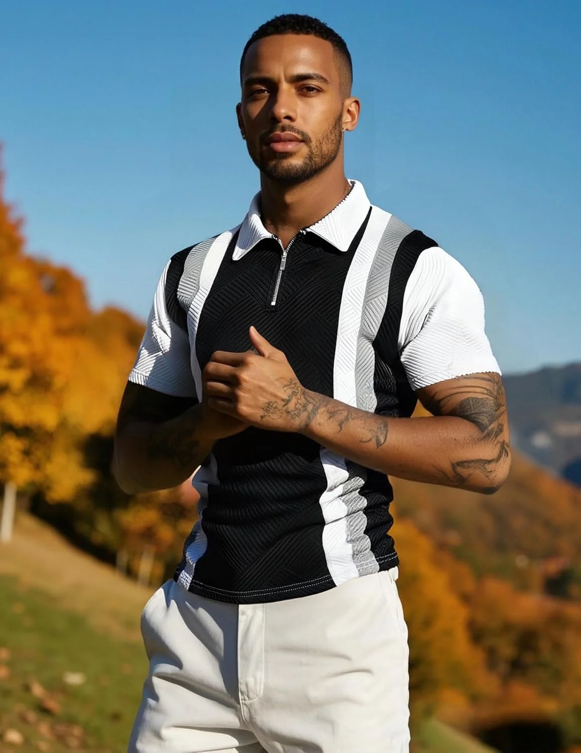 پولوشرت زیپ‌دار مردانه آستین کوتاه، تاپ‌های رنگ ثابت با بافت راه‌راه، تی‌شرت گلف غیررسمی