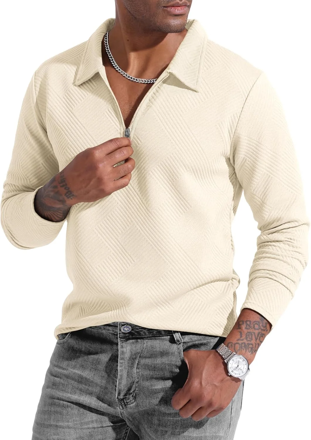 پولوشرت مردانه UOUA، بلوزهای آستین بلند با بافت هندسی غیررسمی و زیپ ربعی، مناسب گلف