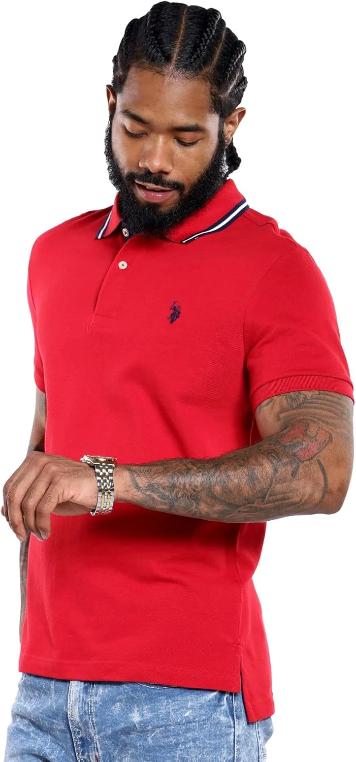 پولوشرت یقه دار مردانه یو.اس. پولو اسن. مدل اسلیم فیت با لوگوی کوچک، رنگ قرمز