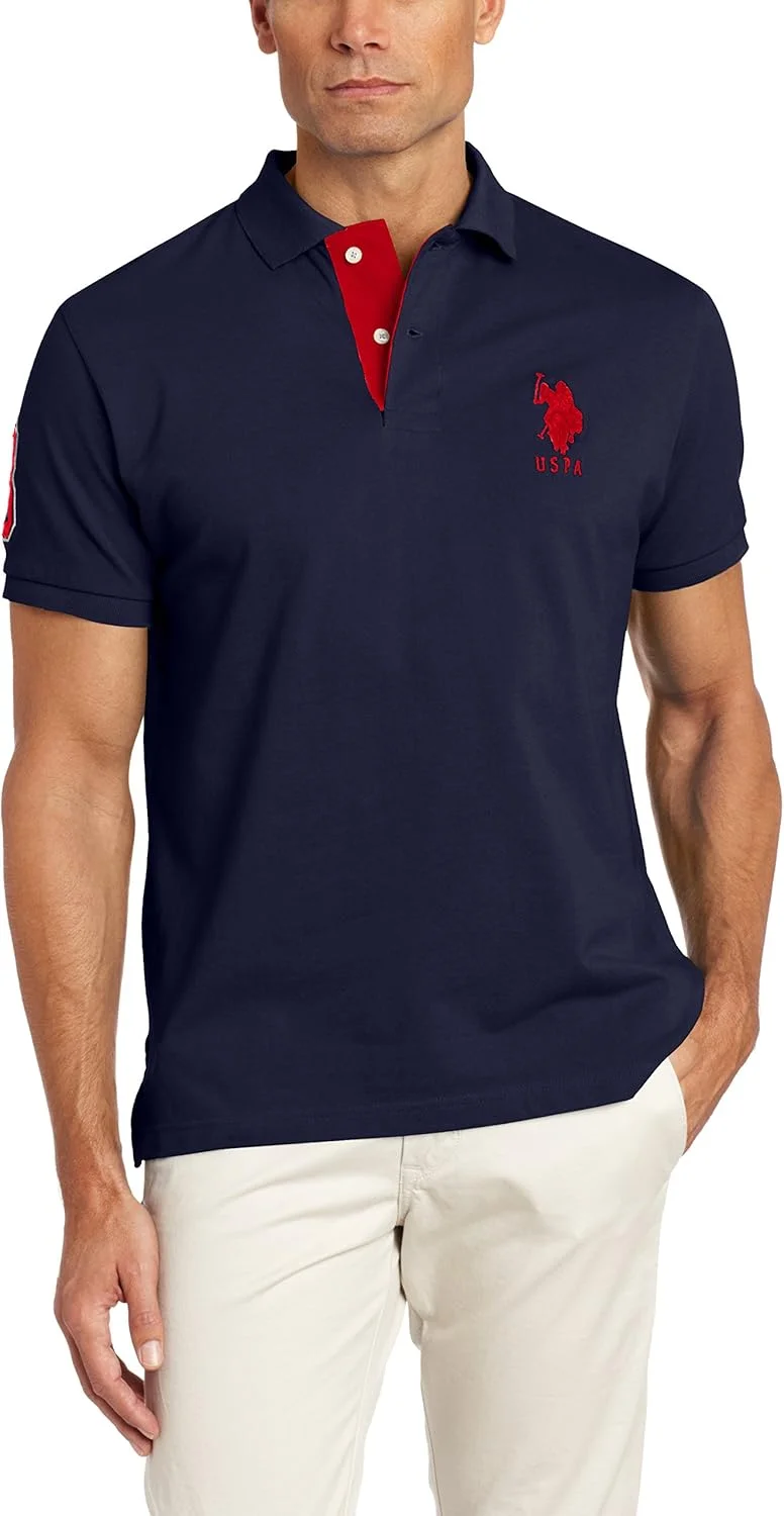 پولوشرت مردانه یقه راه راه یو.اس. پولو اسن.، مدل اسلیم فیت، سرمه ای کلاسیک، سایز دو ایکس لارج