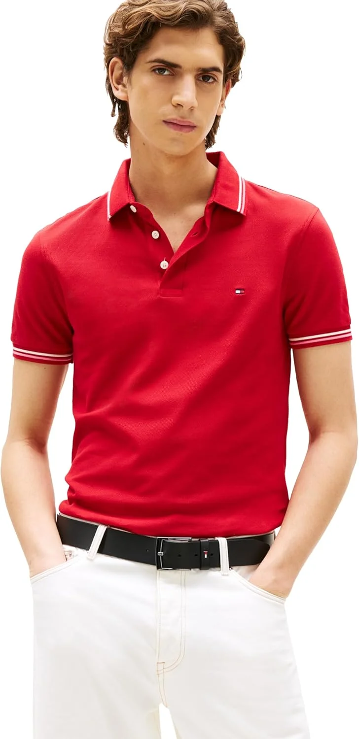 پولوشرت آستین کوتاه مردانه تامی هیلفیگر، مدل اسلیم فیت، کشی و با طراحی سرآستین
