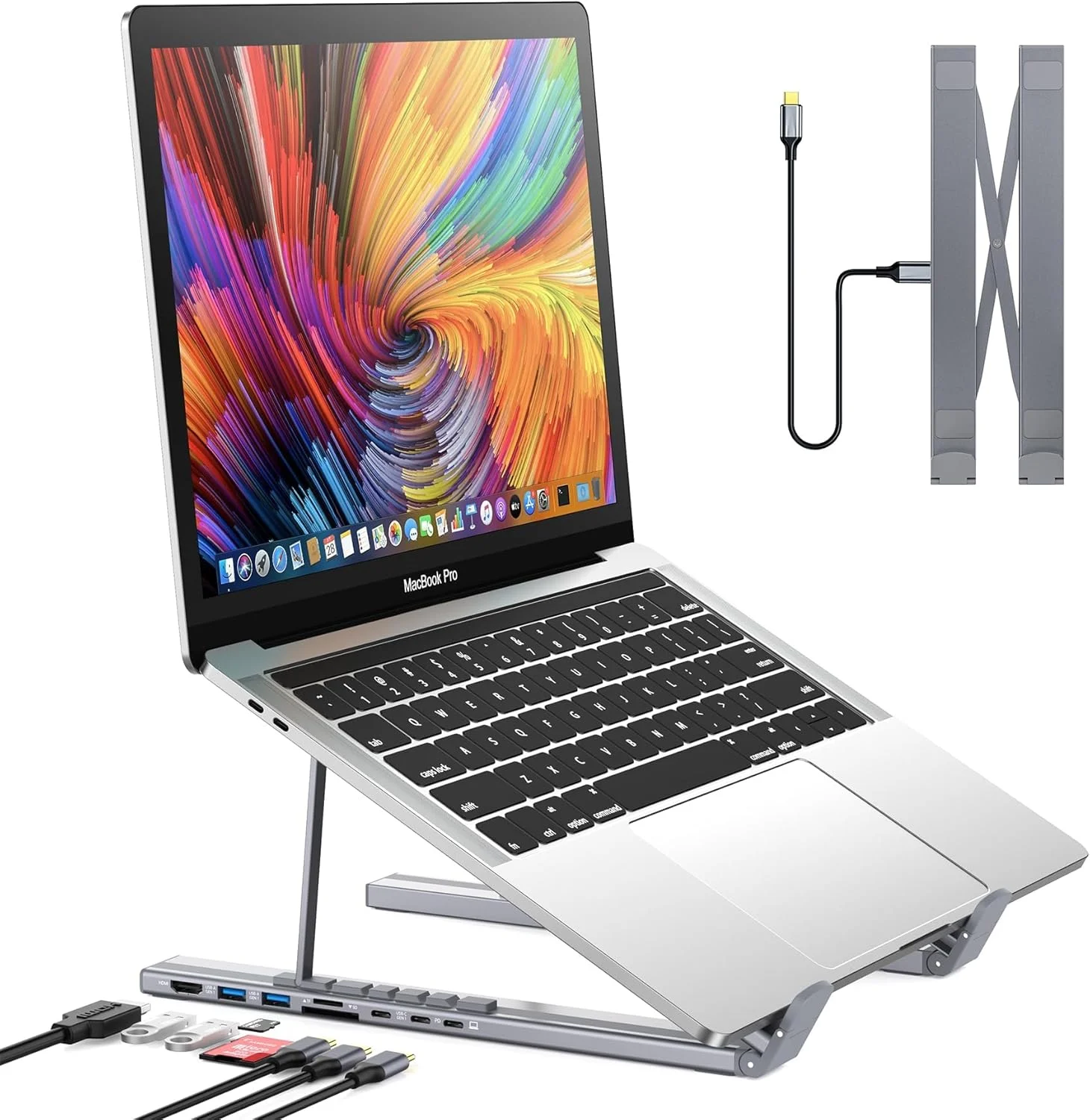 پایه نگهدارنده لپ‌تاپ NALACAL، پایه تبلت USB C، هاب USB C هفت در یک با 4K HDMI، دو عدد USB 3.1، PD 100W، پایه اتصال جهانی برای MacBook Pro/Air/Dell/HP/Surface/Lenovo، اتصال آسان