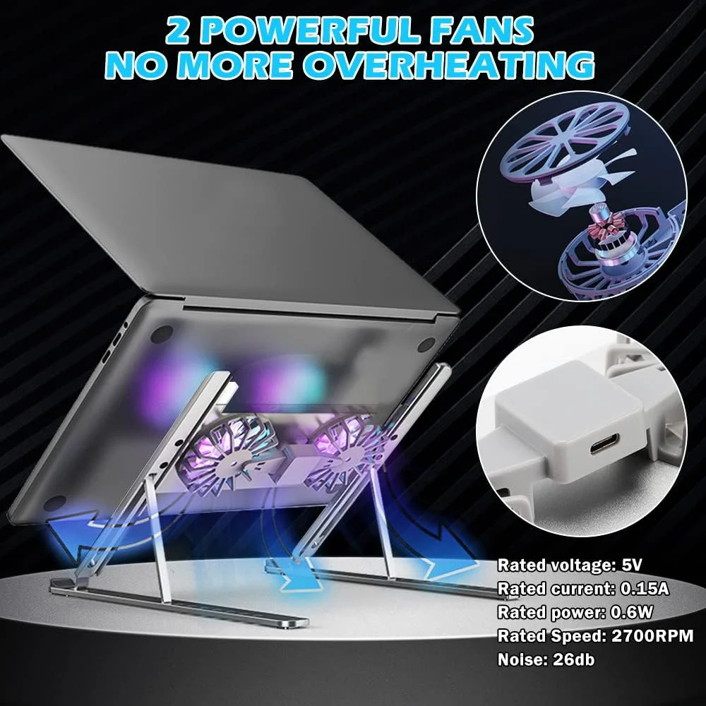 پایه خنک کننده لپ تاپ NALACAL برای میز، پایه لپ تاپ تاشو قابل حمل با فن های بی صدا با سرعت 2700 دور در دقیقه، سازگار با نوت بوک های 10 تا 17.3 اینچی