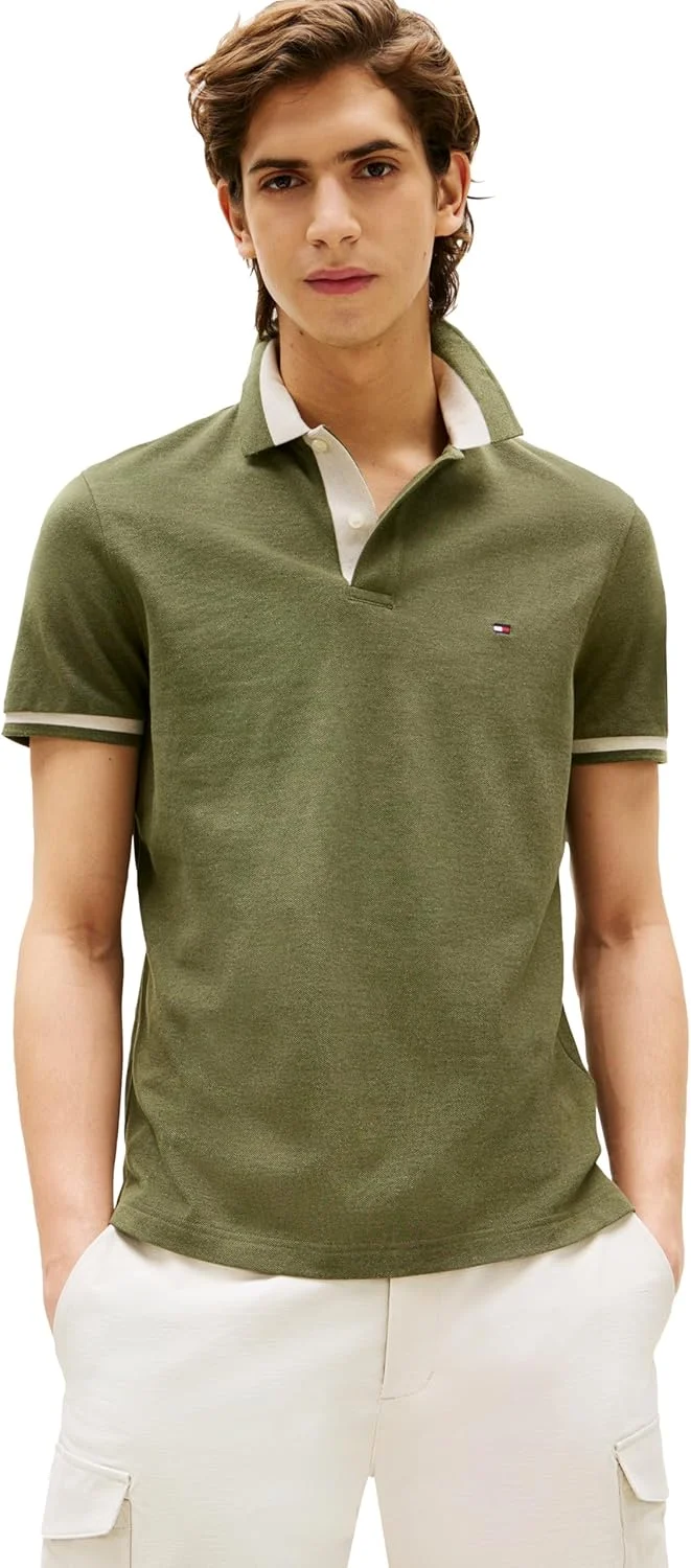 پولوشرت آستین کوتاه مردانه تامی هیلفیگر، فیت معمولی، دارای کشسانی و طراحی یقه متفاوت