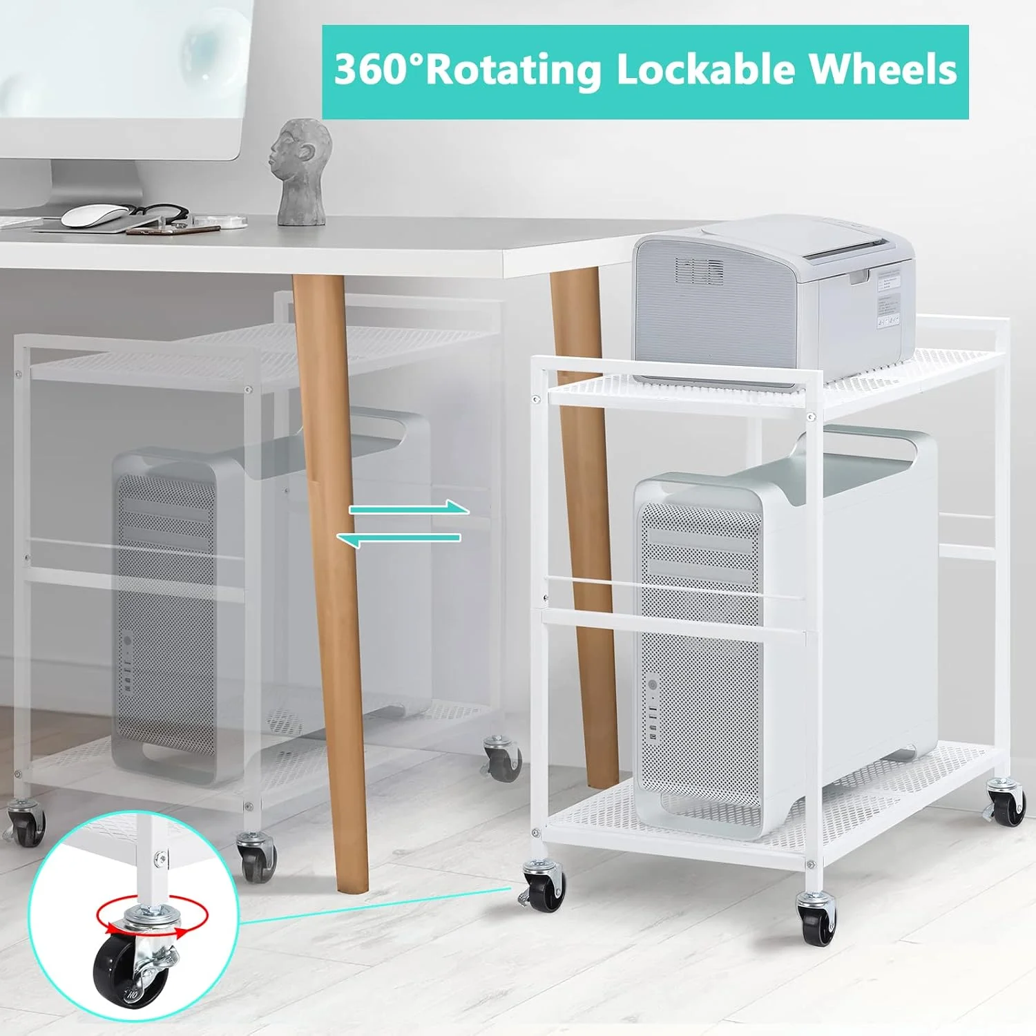پایه کیس کامپیوتر YBING، پایه سفید رنگ کیس، دارای دو طبقه، نگهدارنده CPU با چرخ، پایه فلزی متحرک کیس کامپیوتر، چرخ دار، مناسب برای فکس، خانه و اداره