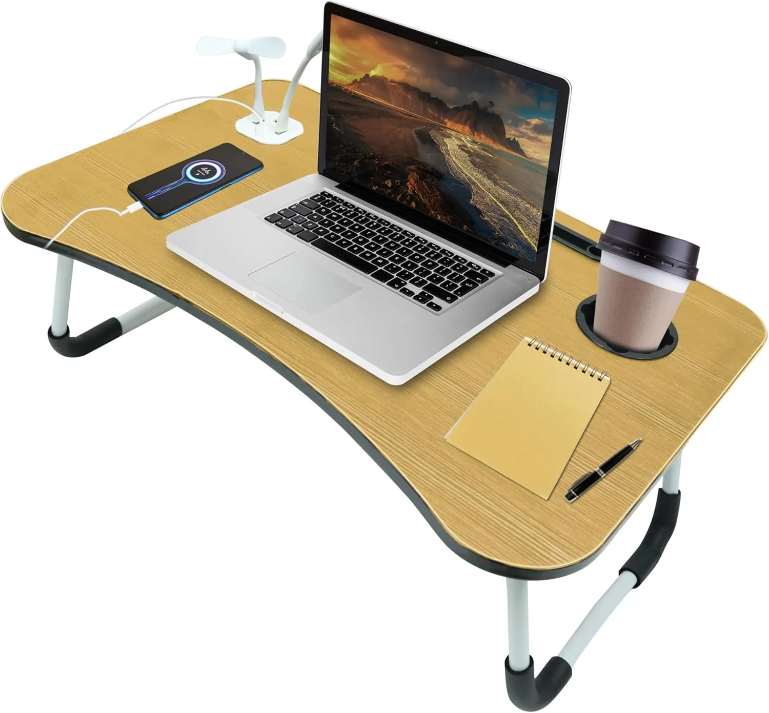 میز لپ تاپ تاشو قابل حمل ZOBER با 4 پورت شارژ USB، جای لیوان، سینی میز تخت خواب برای نوشتن، مطالعه، تخت، مبل، کار، داخل خانه، فضای باز (طبیعی)