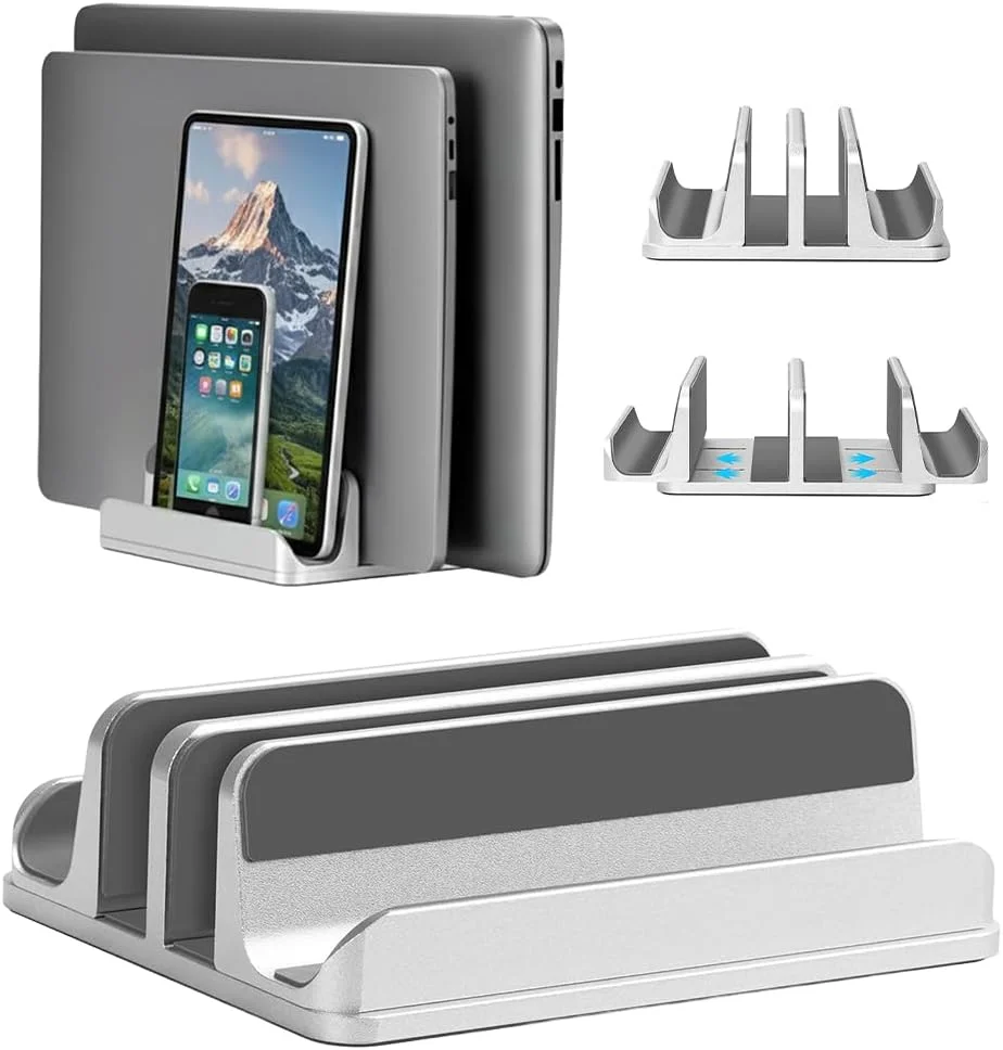 پایه نگهدارنده عمودی لپ تاپ 4 در 1 YanQo⁺ - سازمان دهنده آلومینیومی قابل تنظیم برای لپ تاپ تا 17.3 اینچ، تبلت، تلفن و لوازم جانبی - صرفه جویی در فضا، ارگونومیک، ضد گرم شدن بیش از حد (نقره ای)