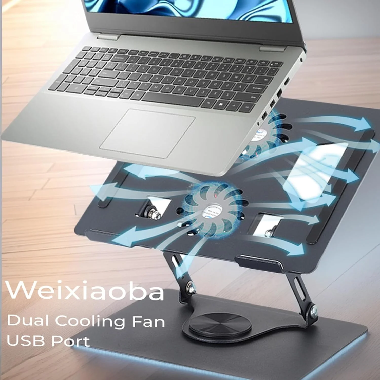 پایه لپ‌تاپ با دو فن خنک‌کننده، نگهدارنده رایانه آلیاژ آلومینیوم فولادی با قابلیت چرخش 360 درجه برای میز، دفع حرارت با پدهای ضد لغزش، سازگار با نوت‌بوک‌های 10-17 اینچی