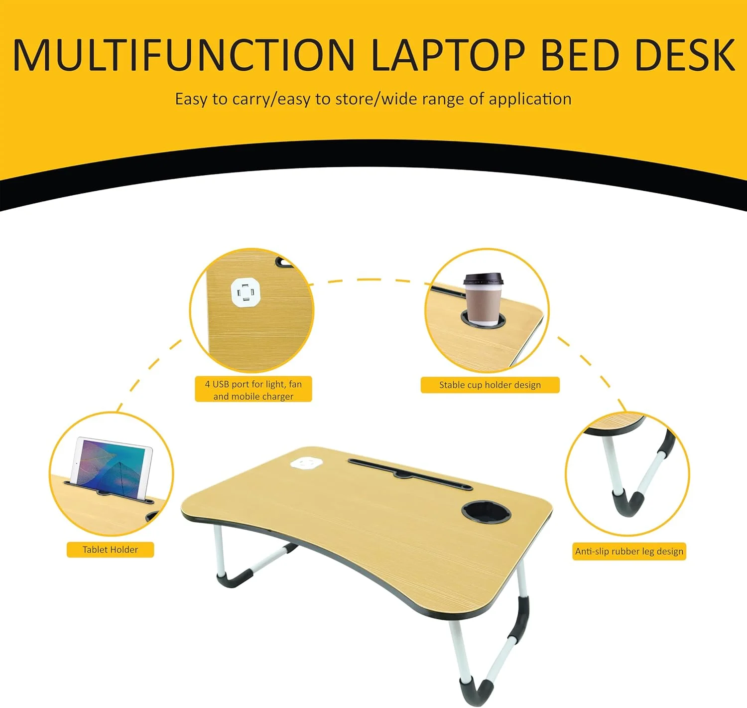میز لپ تاپ تاشو قابل حمل ZOBER با 4 پورت شارژ USB، جای لیوان، سینی میز تخت خواب برای نوشتن، مطالعه، تخت، مبل، کار، داخل خانه، فضای باز (طبیعی) میز لپ تاپ تاشو قابل حمل ZOBER با 4 پورت شارژ USB، جای لیوان، سینی میز تخت خواب برای نوشتن، مطالعه، تخت، مبل، کار، داخل خانه، فضای باز (طبیعی)