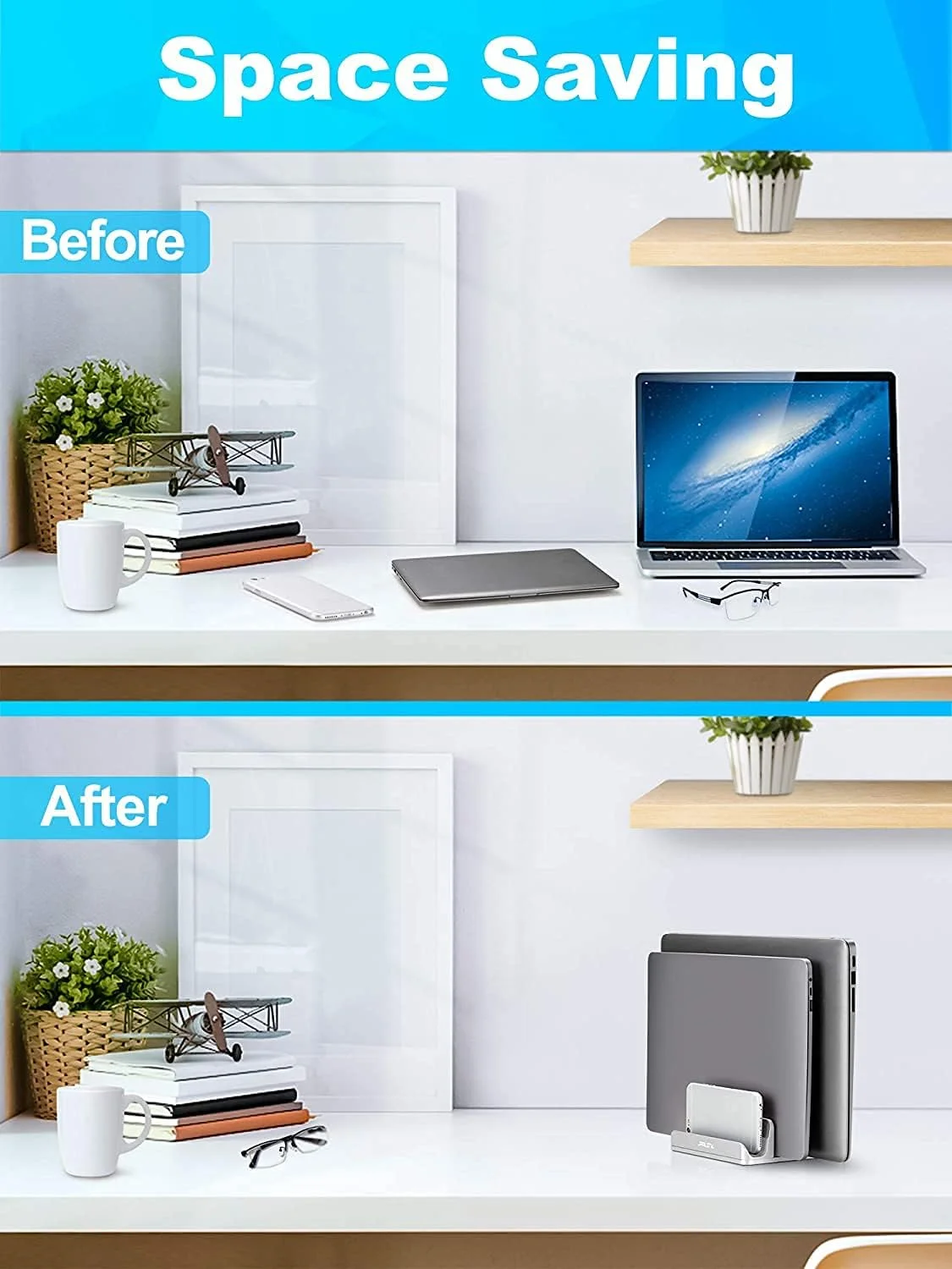 پایه نگهدارنده عمودی لپ تاپ 4 در 1 YanQo⁺ - سازمان دهنده آلومینیومی قابل تنظیم برای لپ تاپ تا 17.3 اینچ، تبلت، تلفن و لوازم جانبی - صرفه جویی در فضا، ارگونومیک، ضد گرم شدن بیش از حد (نقره ای)