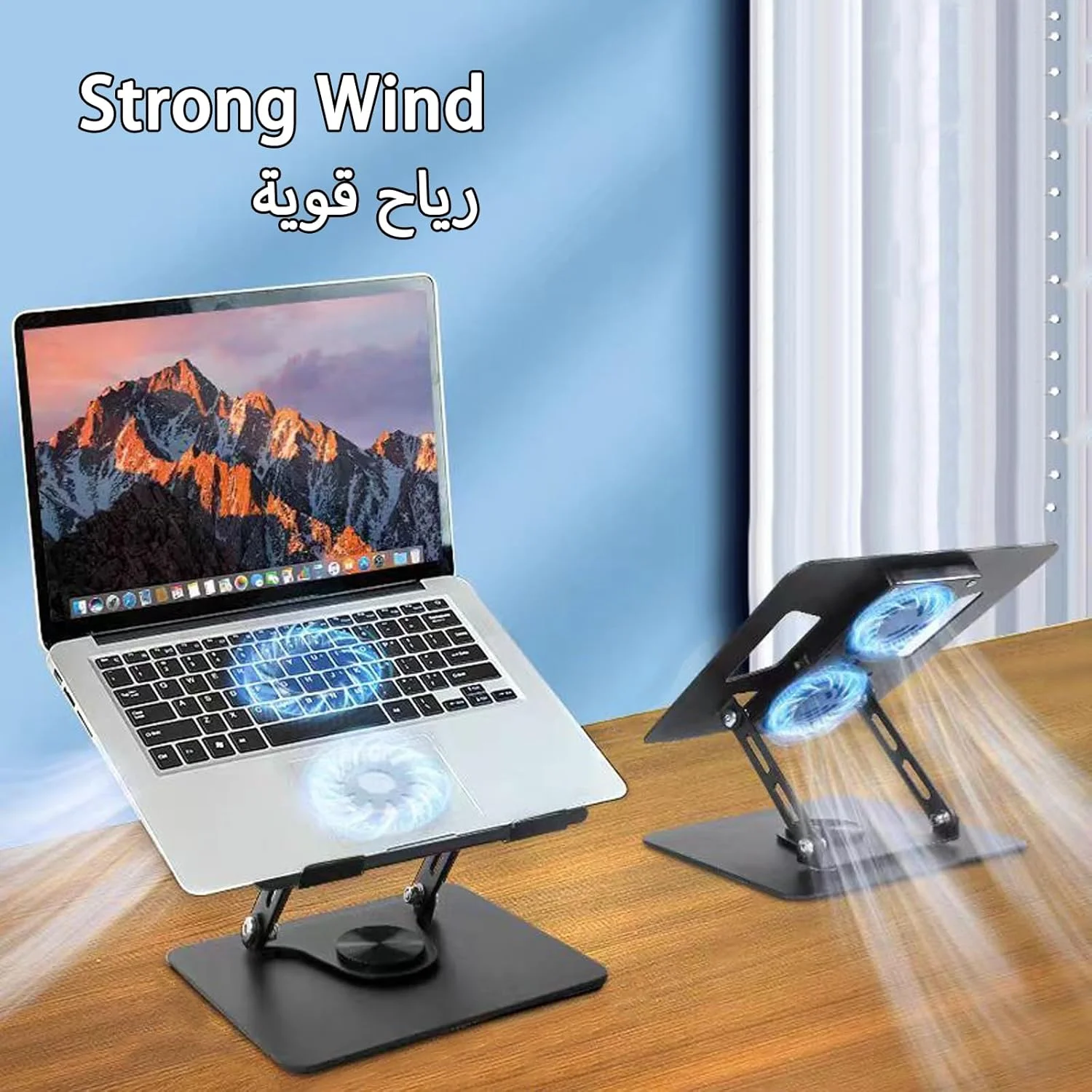 پایه لپ‌تاپ با دو فن خنک‌کننده، نگهدارنده رایانه آلیاژ آلومینیوم فولادی با قابلیت چرخش 360 درجه برای میز، دفع حرارت با پدهای ضد لغزش، سازگار با نوت‌بوک‌های 10-17 اینچی