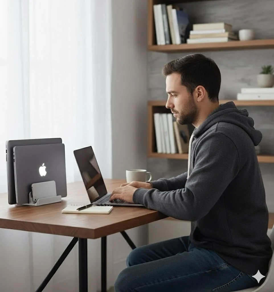 پایه نگهدارنده عمودی لپ تاپ 4 در 1 YanQo⁺ - سازمان دهنده آلومینیومی قابل تنظیم برای لپ تاپ تا 17.3 اینچ، تبلت، تلفن و لوازم جانبی - صرفه جویی در فضا، ارگونومیک، ضد گرم شدن بیش از حد (نقره ای)