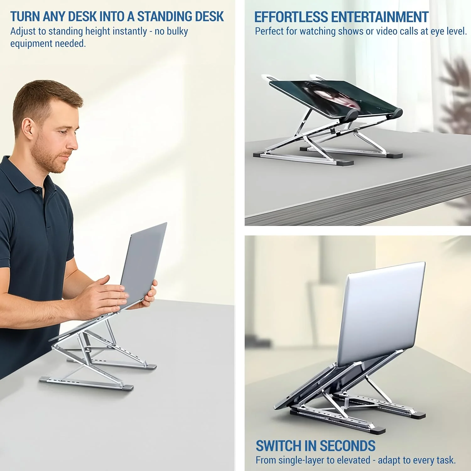 پایه لپ‌تاپ قابل حمل - بالابر آلومینیومی با قابلیت تنظیم ارتفاع دوگانه برای میز، 2 رنگ، تاشو، سبک وزن، ارگونومیک، ضد لغزش، دارای تهویه، سازگار با مک‌بوک، کروم‌بوک و غیره (خاکستری)